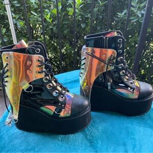 Demonia Black and Holographic Platform Boots